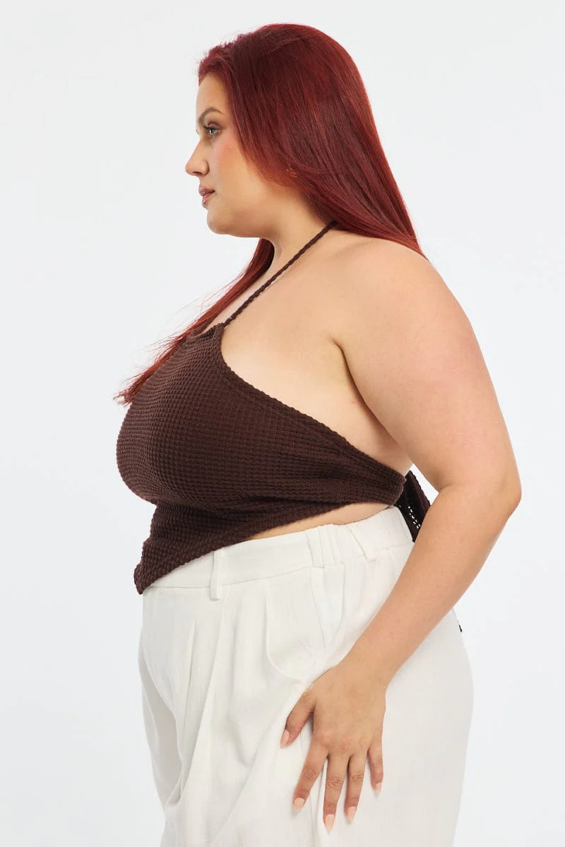 Brown Scarf Top Sleeveless Textured - Image 3
