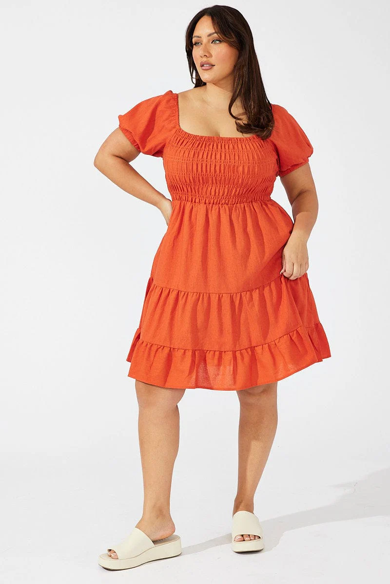 Brown Shirred Bodice Tiered Skater Dress - Image 2