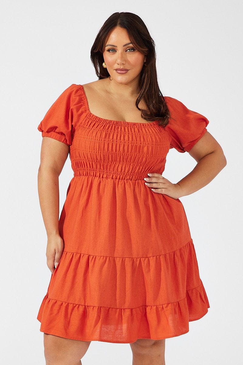 Brown Shirred Bodice Tiered Skater Dress - Image 3