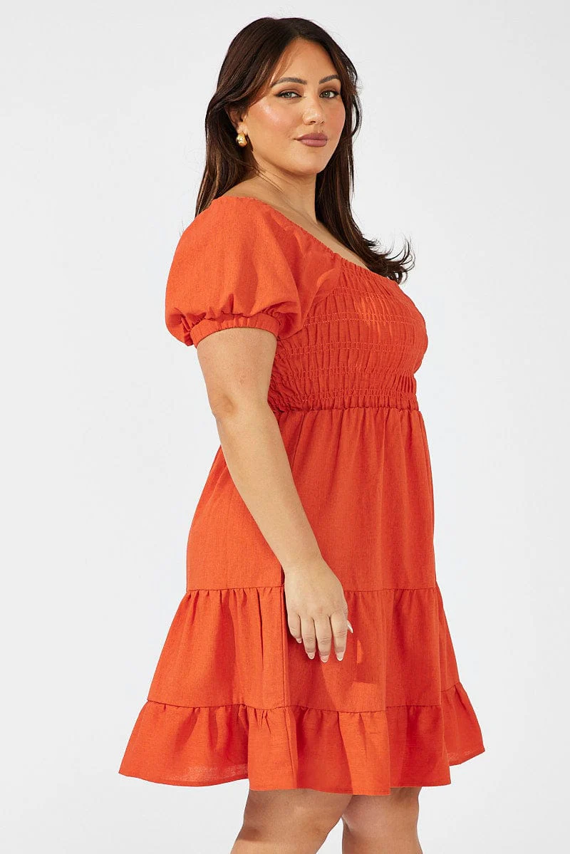 Brown Shirred Bodice Tiered Skater Dress - Image 4
