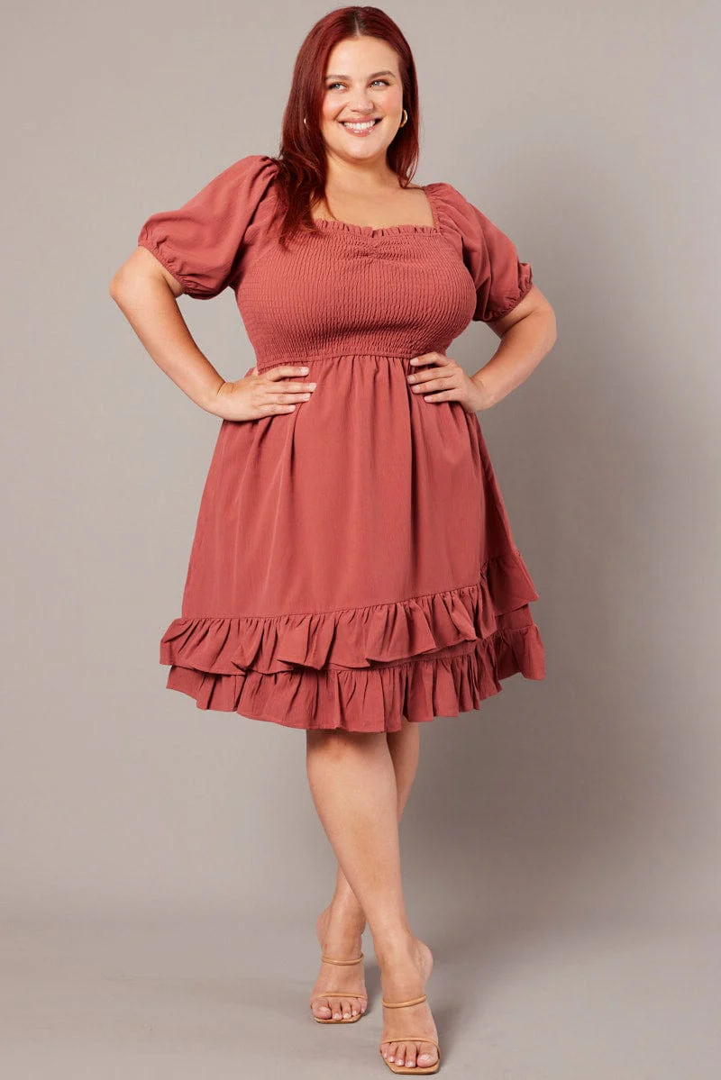 Brown Shirred Mini Dress Sweetheart Neck - Image 2