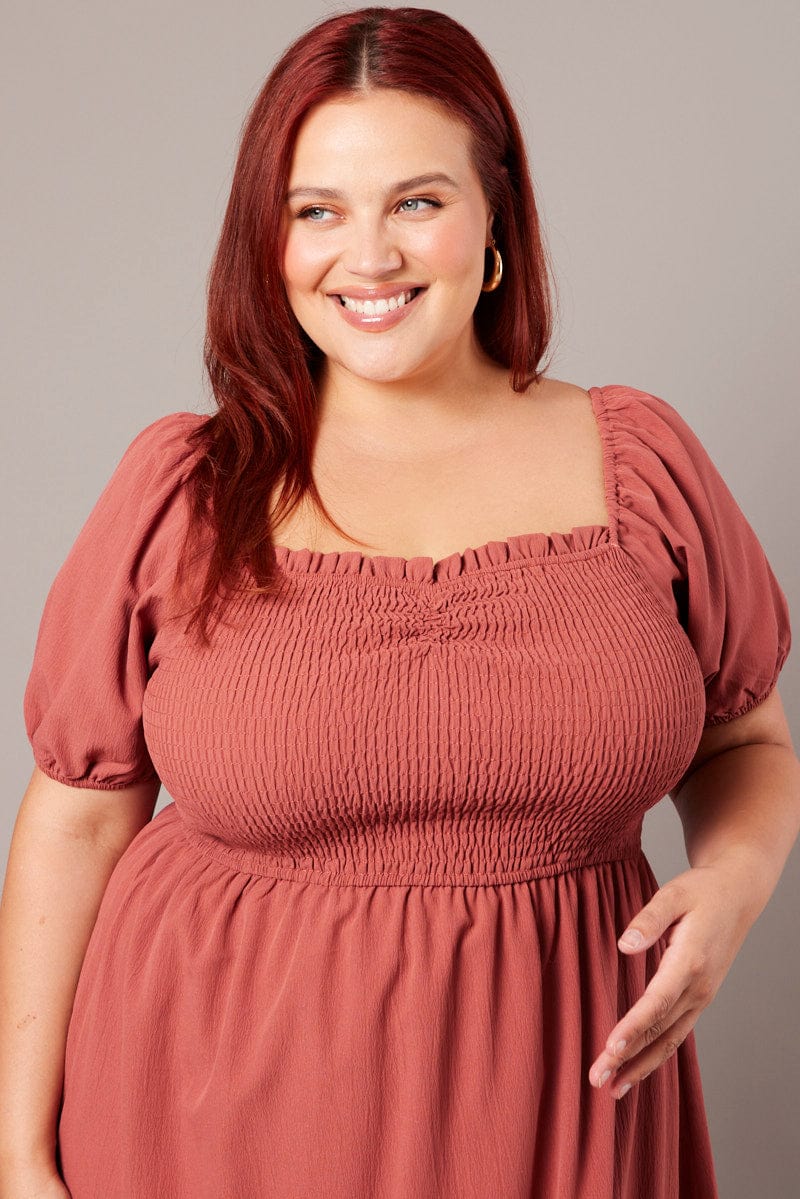 Brown Shirred Mini Dress Sweetheart Neck - Image 3
