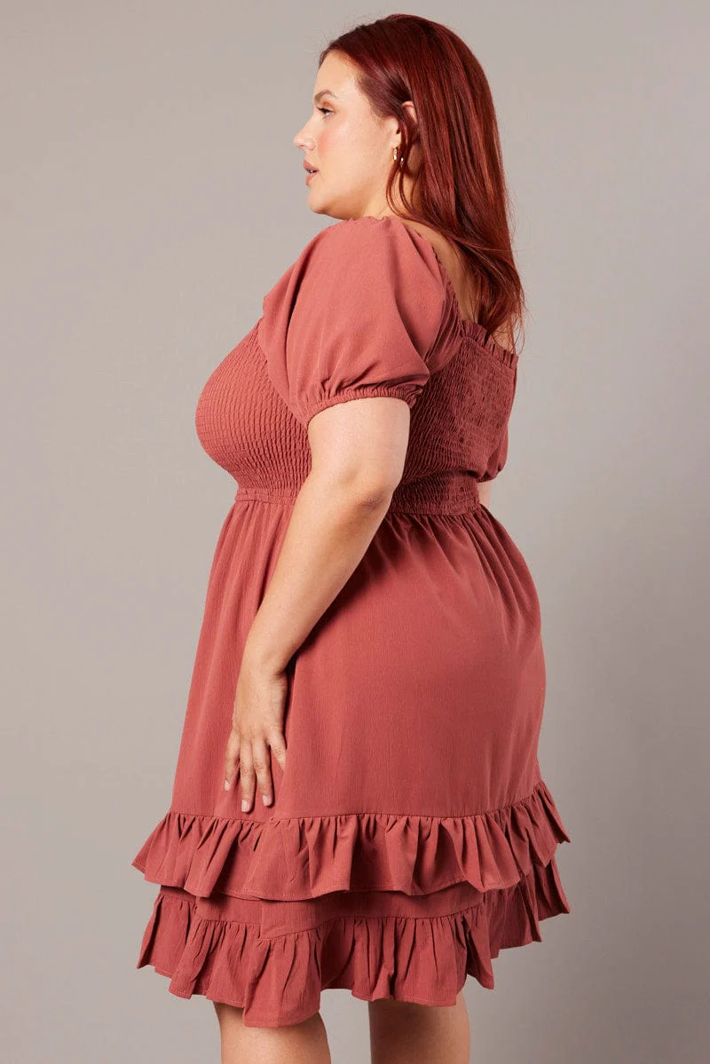 Brown Shirred Mini Dress Sweetheart Neck - Image 4