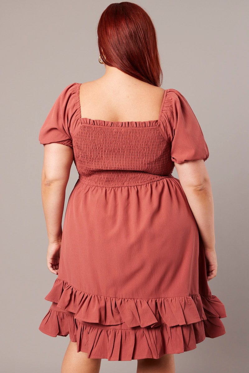 Brown Shirred Mini Dress Sweetheart Neck - Image 5