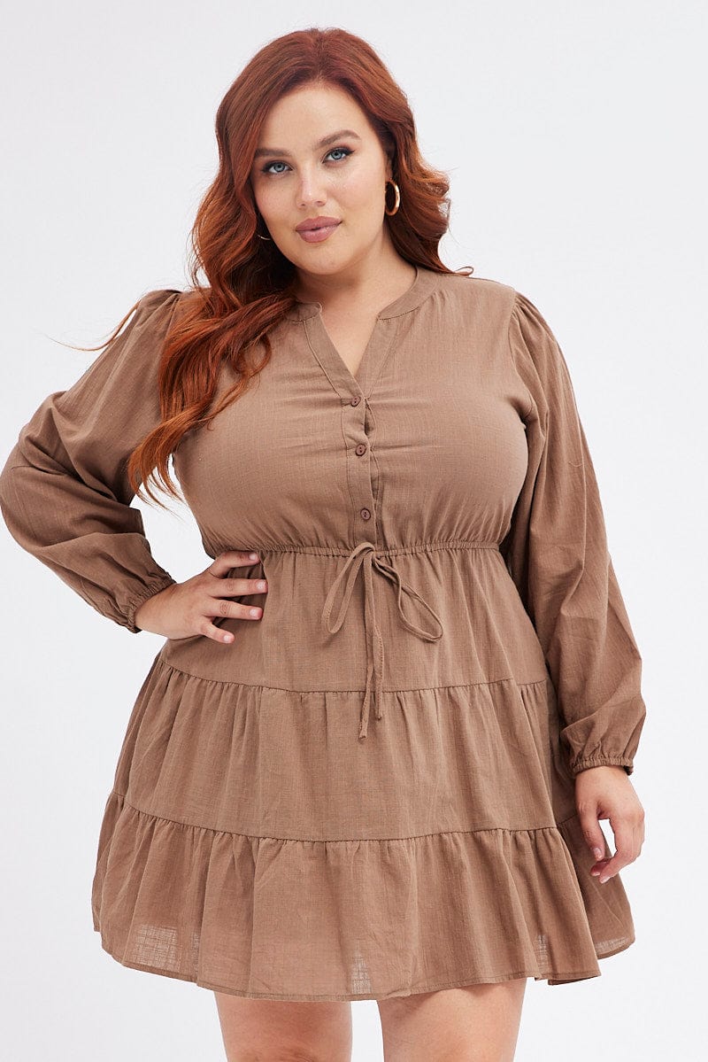 Brown Shirt Dress Long Sleeve V-neck Tiered - Image 2