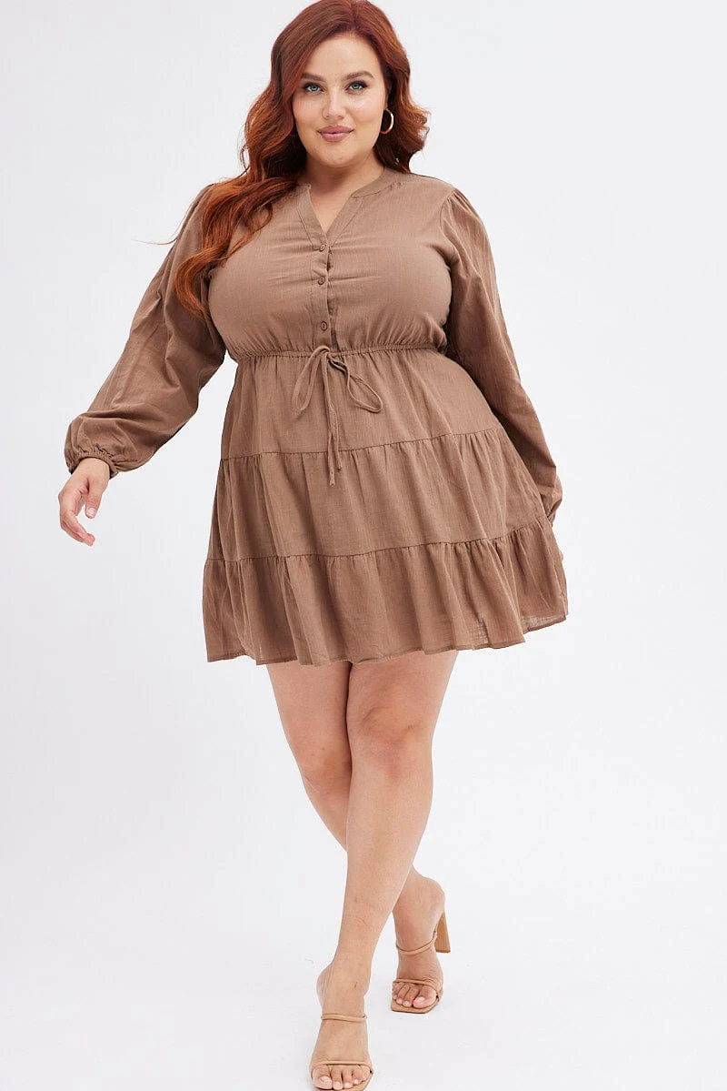 Brown Shirt Dress Long Sleeve V-neck Tiered - Image 3