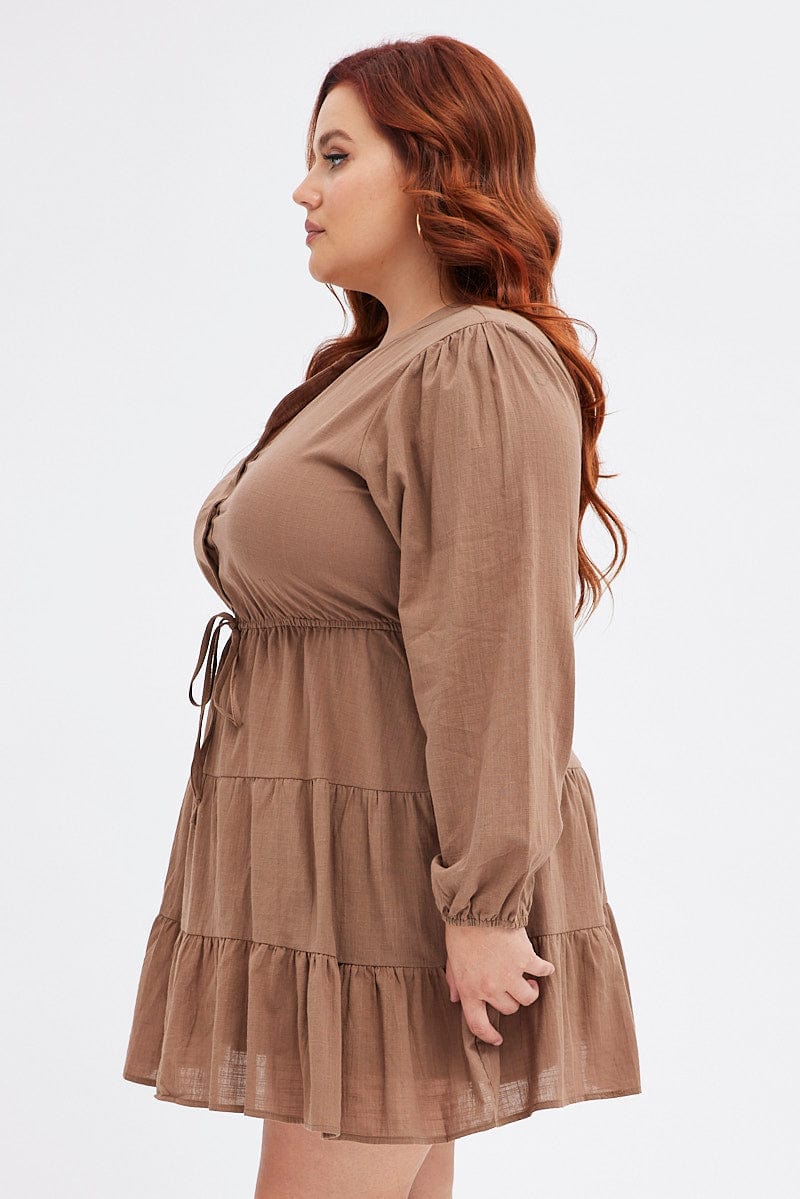 Brown Shirt Dress Long Sleeve V-neck Tiered - Image 4