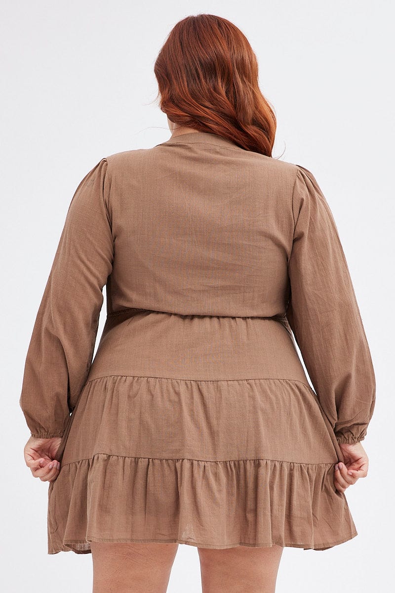Brown Shirt Dress Long Sleeve V-neck Tiered - Image 5