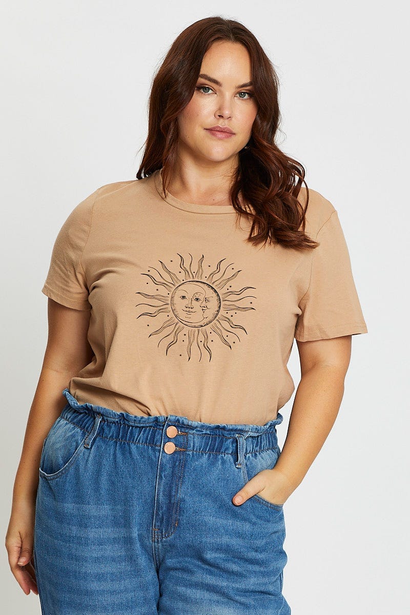 Brown Short Sleeve Graphic Print Sun T-shirt