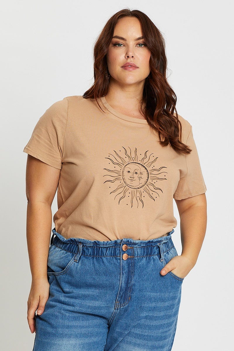 Brown Short Sleeve Graphic Print Sun T-shirt - Image 3