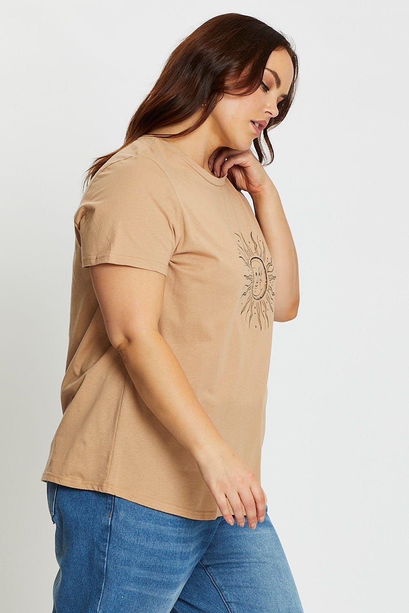 Brown Short Sleeve Graphic Print Sun T-shirt - Image 4