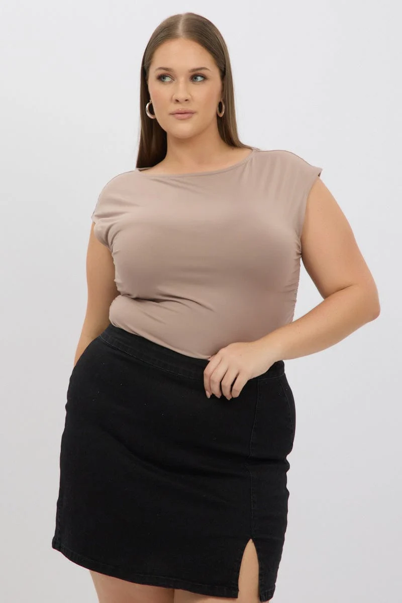 Brown Short Sleeve Top Side Ruched Modal - Image 3