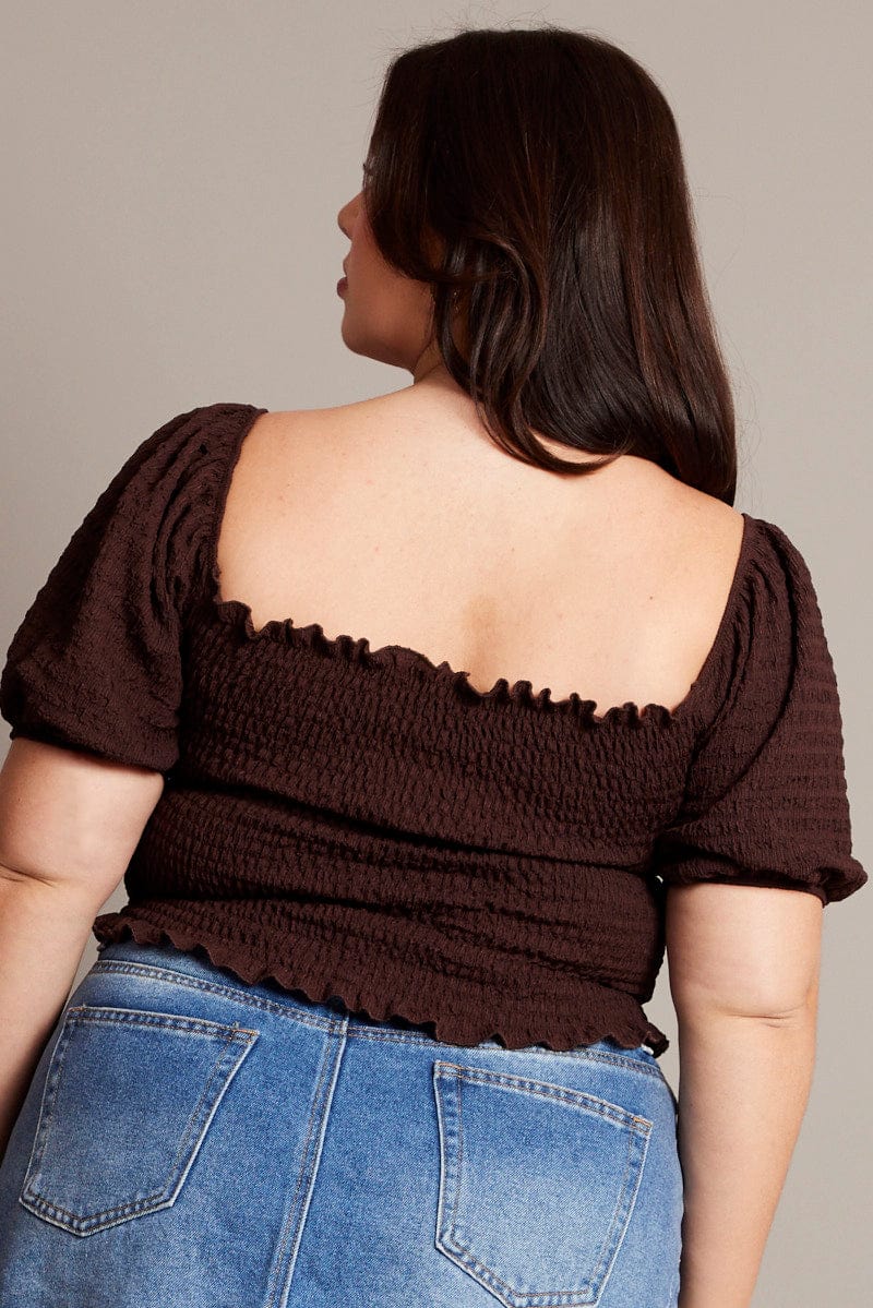 Brown Short Sleeve Top Sweetheart Neck - Image 5