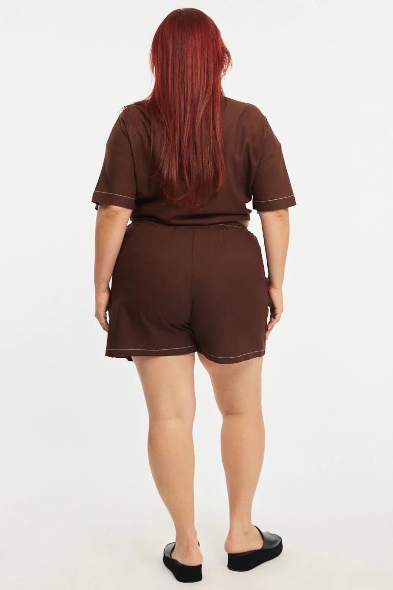 Brown Shorts Elastic Waist Outpocket - Image 4
