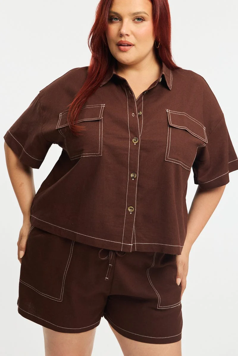 Brown Shorts Elastic Waist Outpocket - Image 5