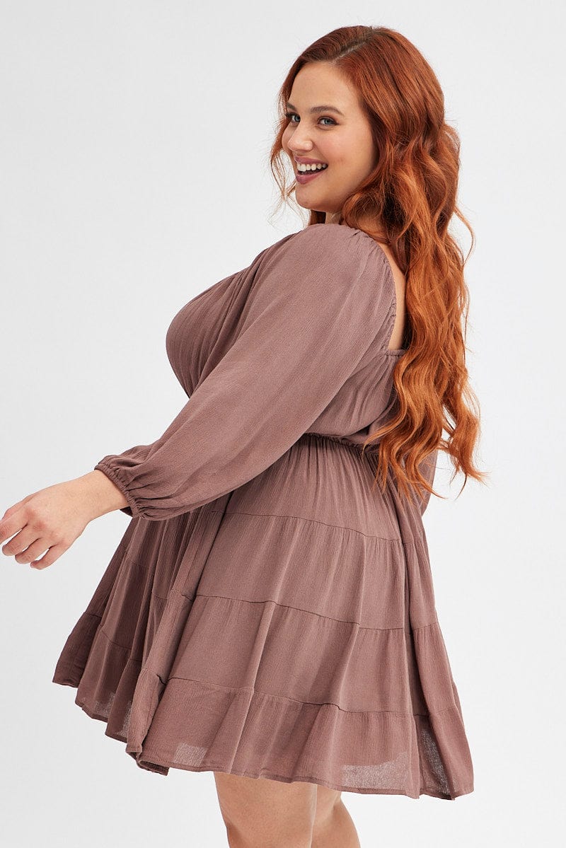 Brown Skater Dress Plain Crinkle Long Sleeve - Image 4