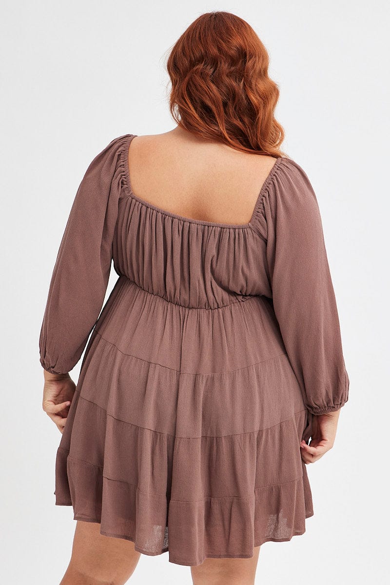 Brown Skater Dress Plain Crinkle Long Sleeve - Image 5