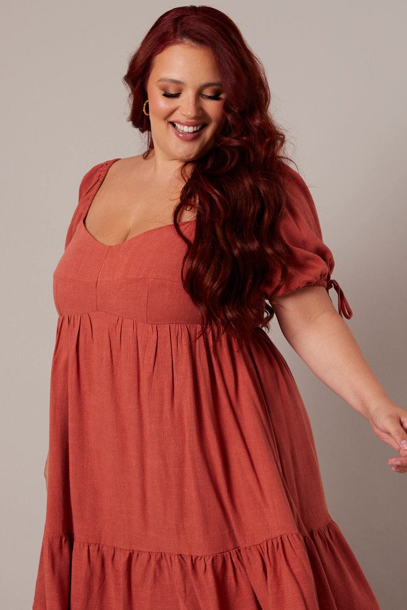 Brown Skater Dress Puff Sleeve Frill Hem - Image 2