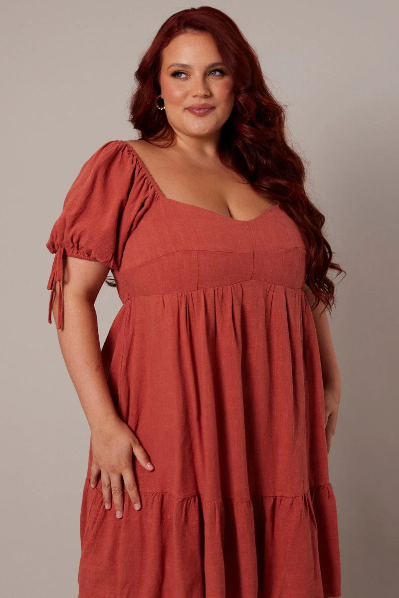 Brown Skater Dress Puff Sleeve Frill Hem - Image 3
