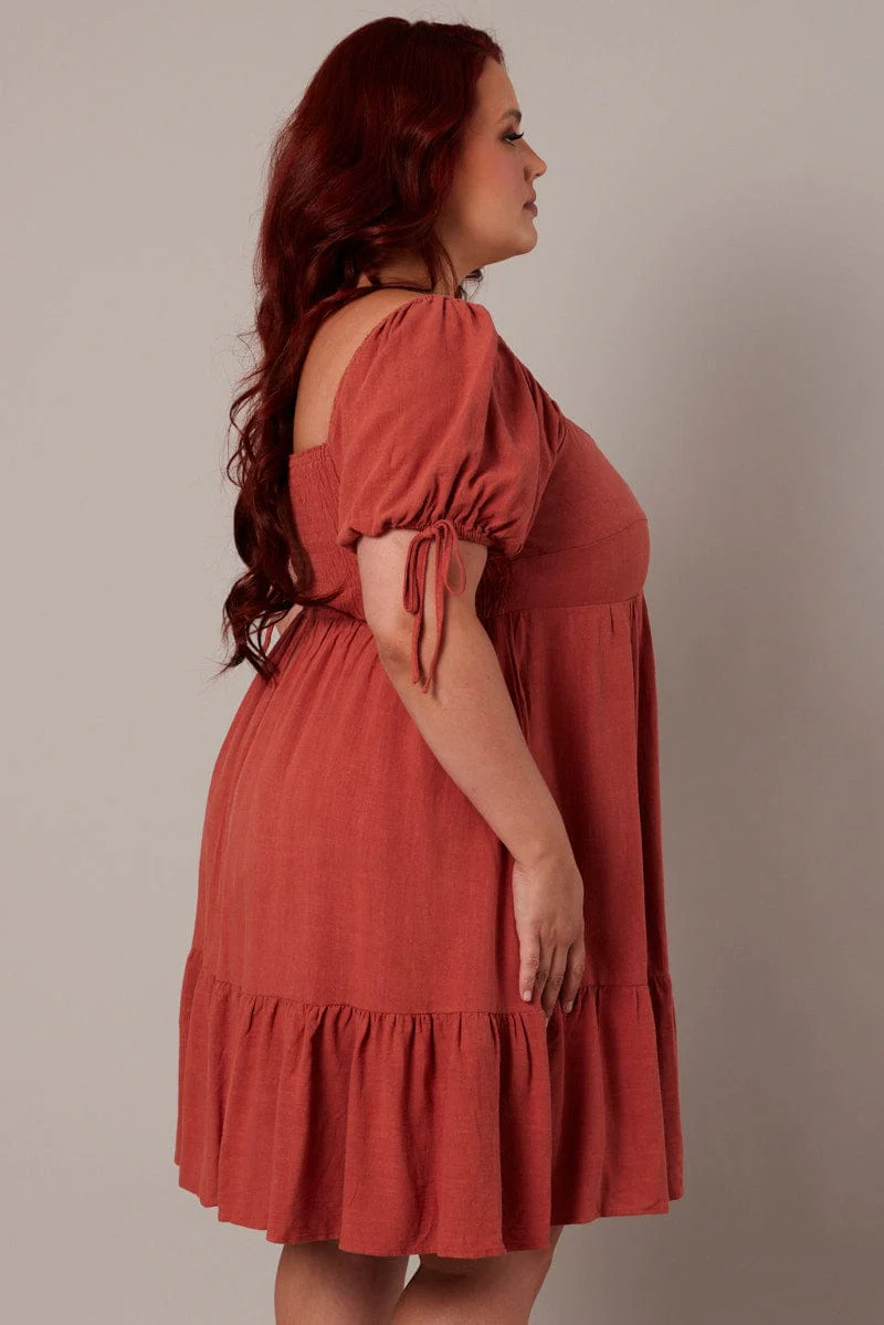 Brown Skater Dress Puff Sleeve Frill Hem - Image 4