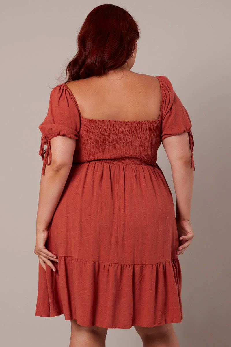 Brown Skater Dress Puff Sleeve Frill Hem - Image 5