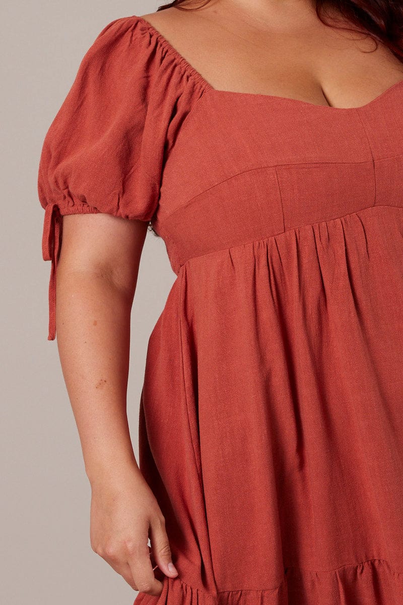 Brown Skater Dress Puff Sleeve Frill Hem - Image 6