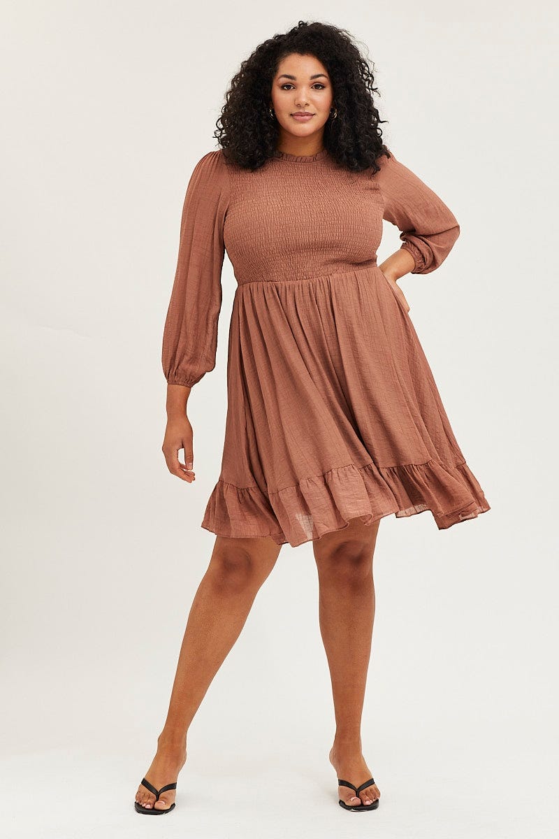 Brown Skater Dress Round Neck Long Sleeve Shirred - Image 2
