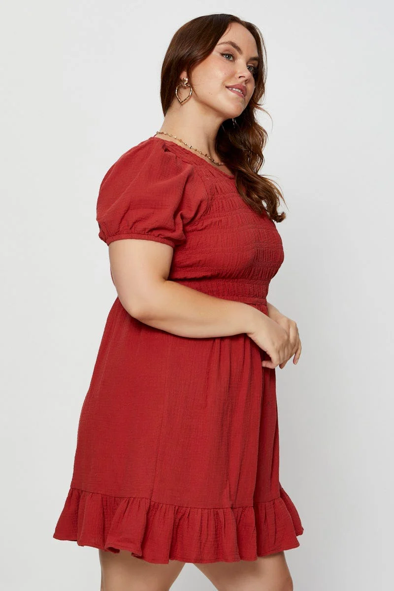 Brown Skater Dress Scoop Neck Short Sleeve Ruffle - Image 4