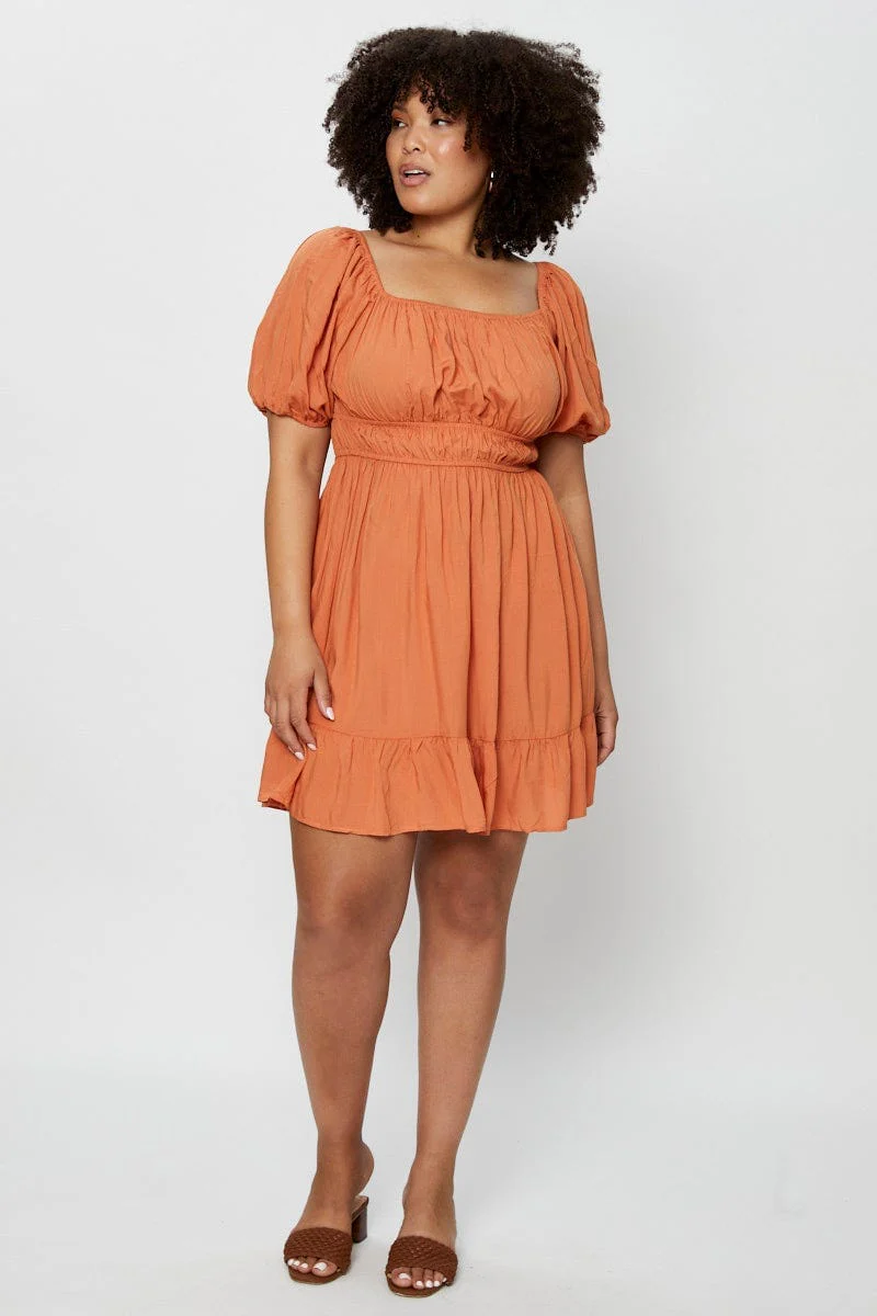 Brown Skater Dress Square Neck Puff Sleeve Shirred - Image 2