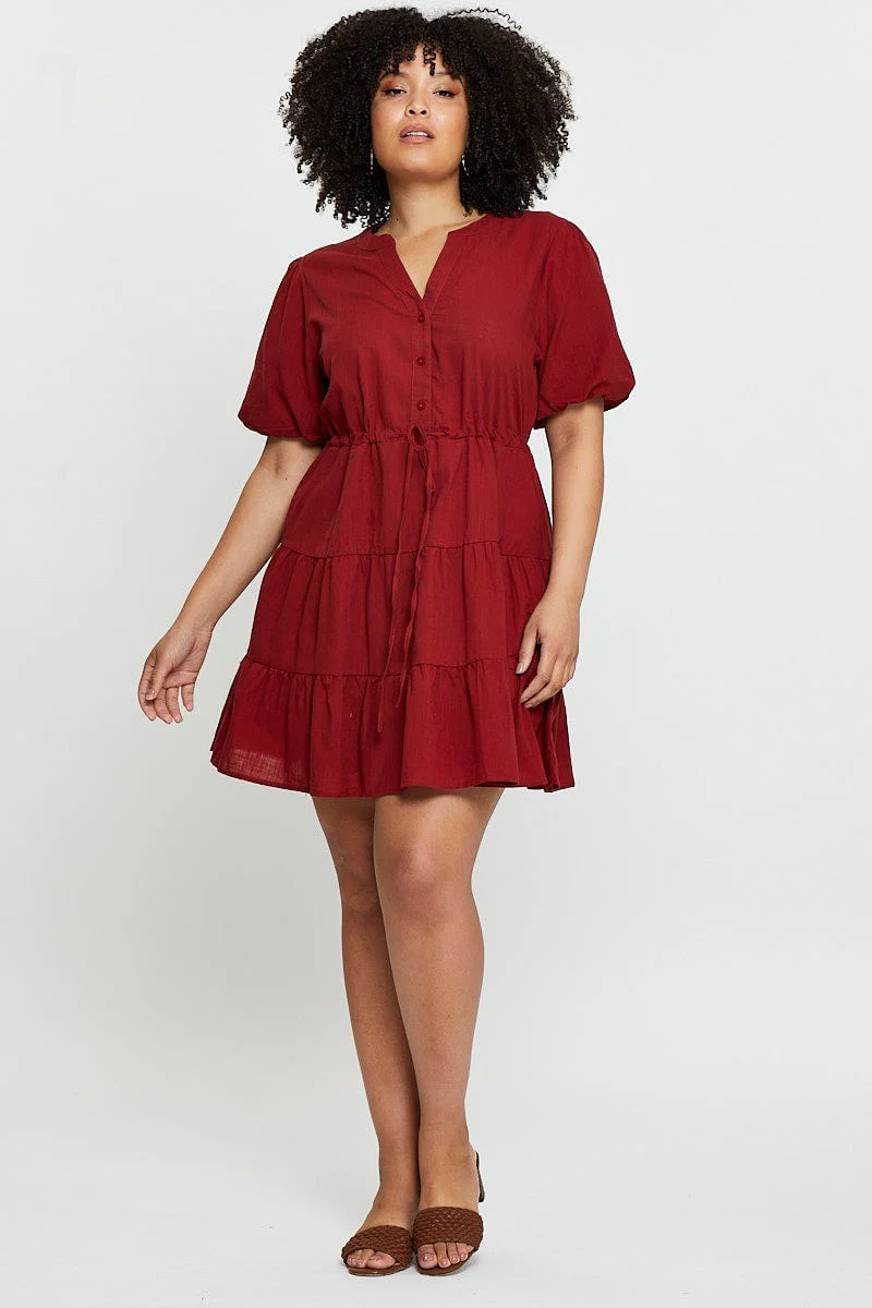 Brown Skater Dress V-neck Short Sleeve Button - Image 2