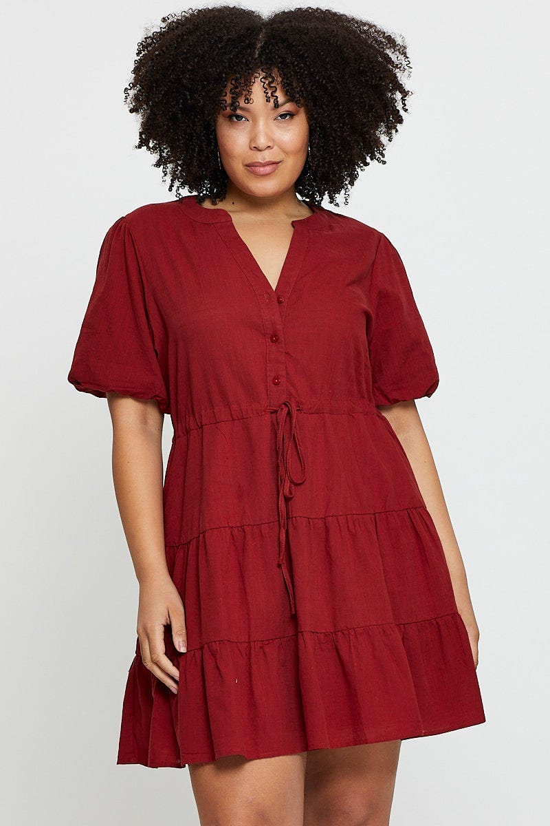 Brown Skater Dress V-neck Short Sleeve Button - Image 3