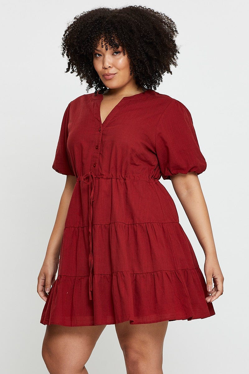 Brown Skater Dress V-neck Short Sleeve Button - Image 4