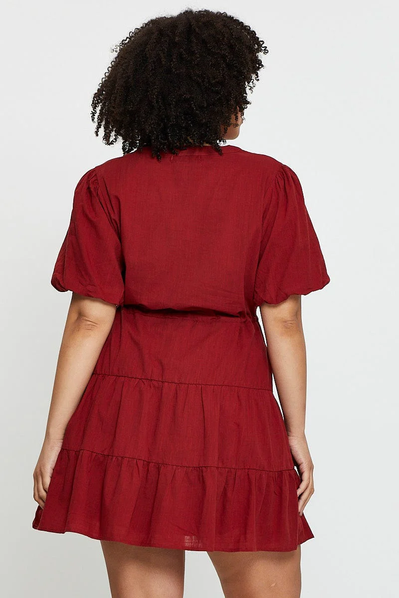 Brown Skater Dress V-neck Short Sleeve Button - Image 5