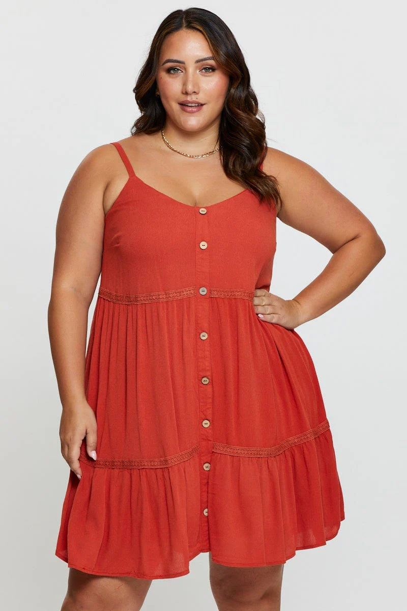 Brown Skater Dress V-neck Sleeveless Button - Image 3