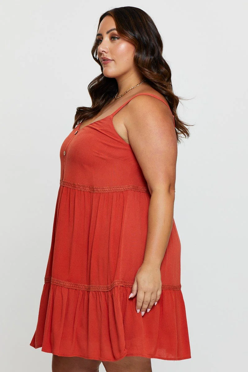 Brown Skater Dress V-neck Sleeveless Button - Image 4