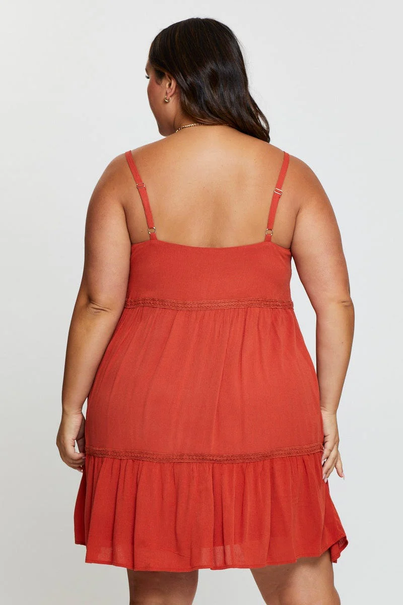 Brown Skater Dress V-neck Sleeveless Button - Image 5
