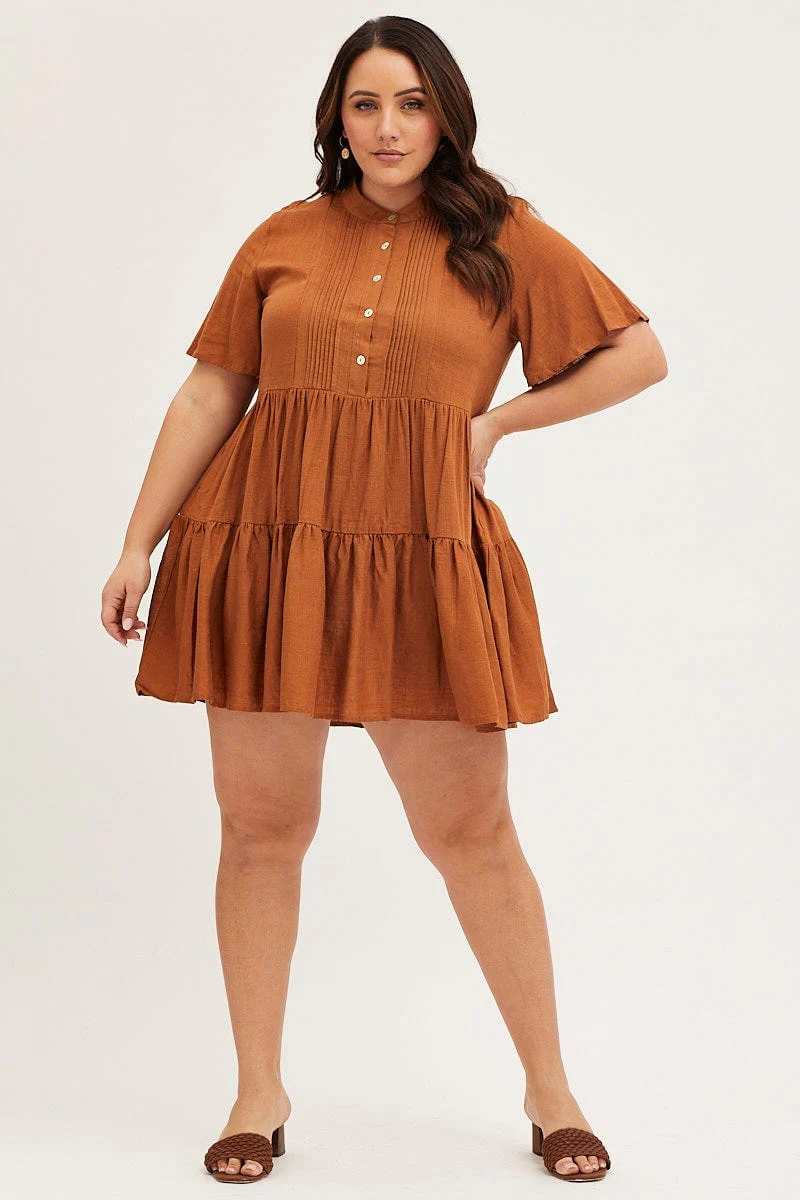 Brown Skater Dress V-neck Three-Quarter Sleeve Button - Image 2