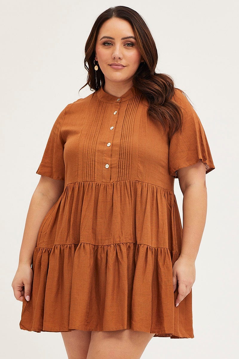Brown Skater Dress V-neck Three-Quarter Sleeve Button - Image 3