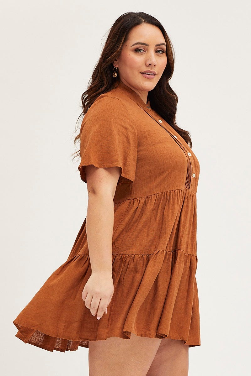 Brown Skater Dress V-neck Three-Quarter Sleeve Button - Image 4