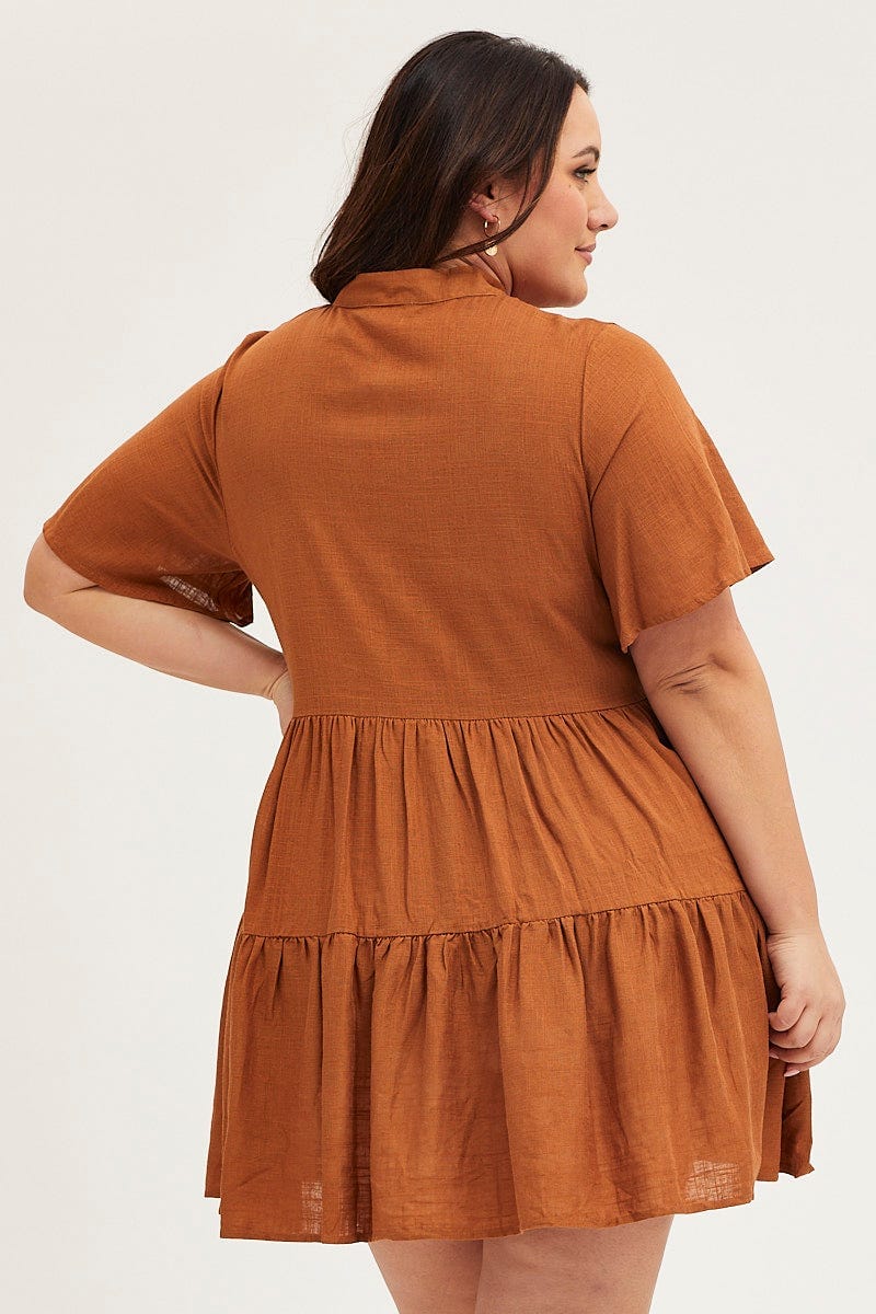 Brown Skater Dress V-neck Three-Quarter Sleeve Button - Image 5