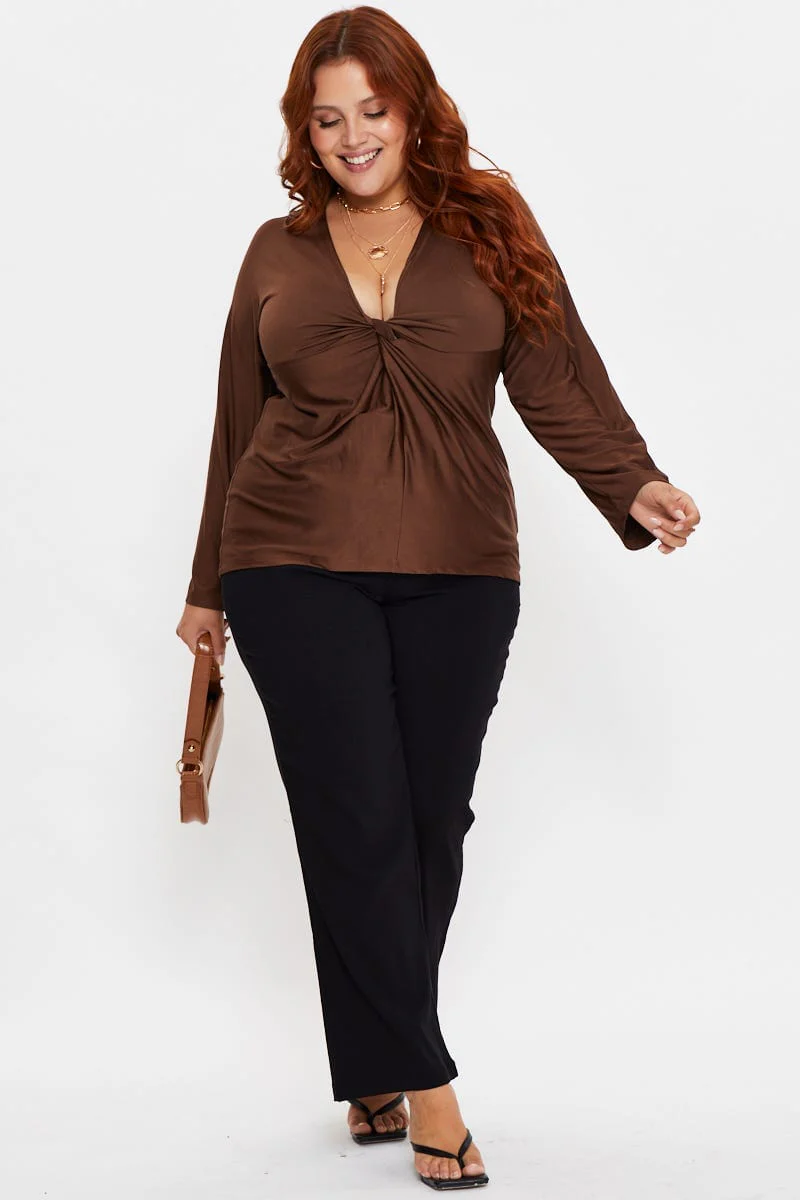 Brown Sleeve Top Twist Front V-neck Long - Image 2