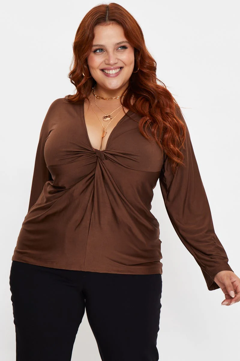 Brown Sleeve Top Twist Front V-neck Long - Image 3