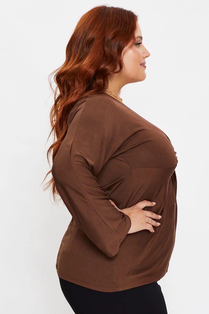 Brown Sleeve Top Twist Front V-neck Long - Image 4