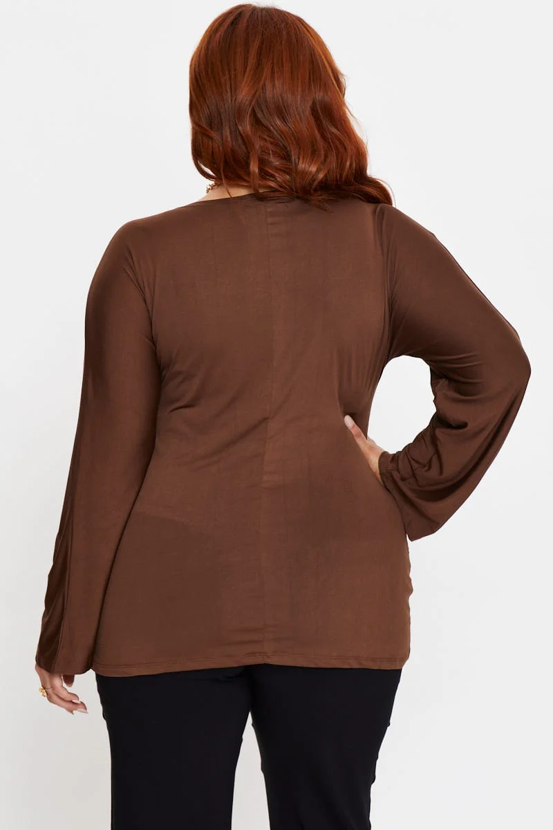 Brown Sleeve Top Twist Front V-neck Long - Image 5
