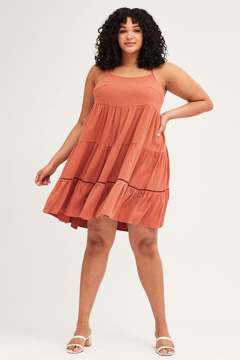 Brown Sleeveless Linen Blend Tiered Swing Dress - Image 2