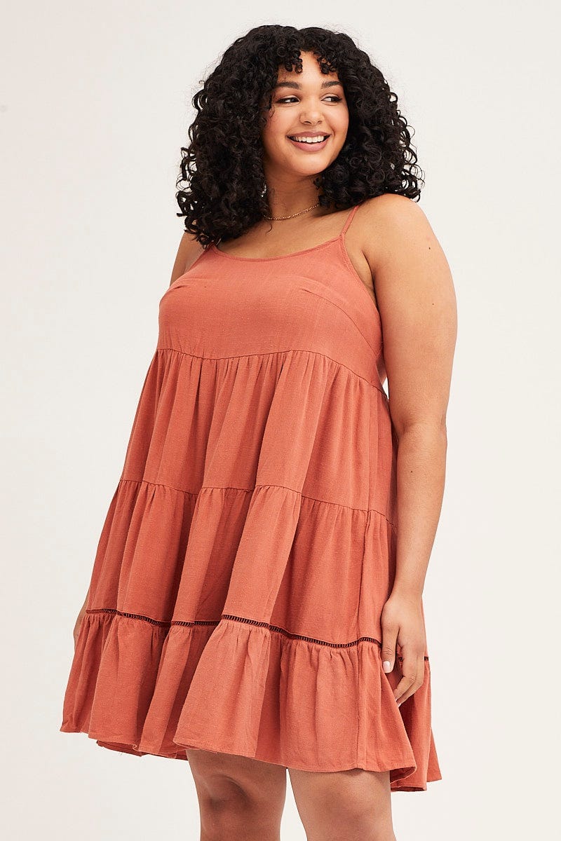 Brown Sleeveless Linen Blend Tiered Swing Dress - Image 3