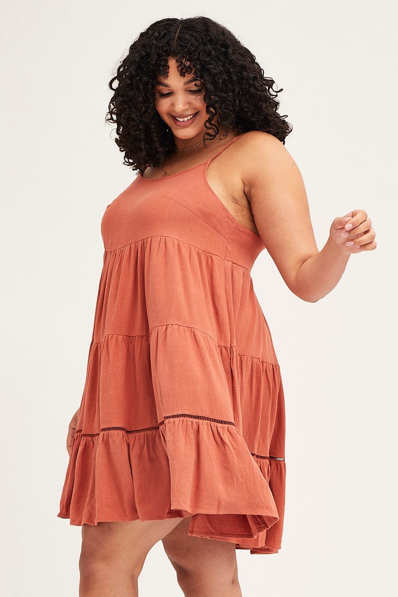 Brown Sleeveless Linen Blend Tiered Swing Dress - Image 4
