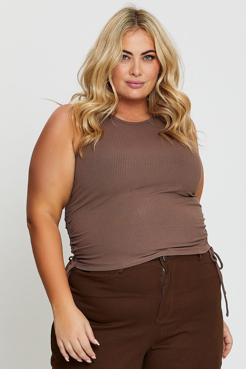 Brown Sleeveless Rib Jersey Drawstring Top