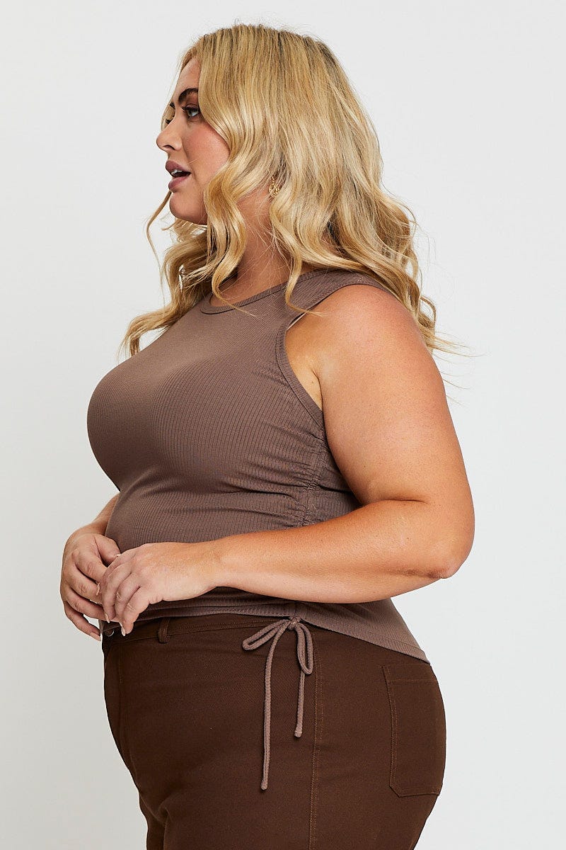 Brown Sleeveless Rib Jersey Drawstring Top - Image 4
