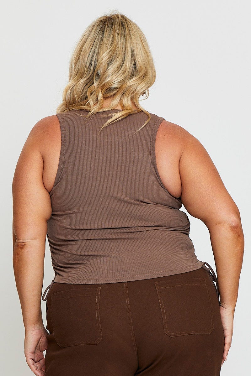 Brown Sleeveless Rib Jersey Drawstring Top - Image 5